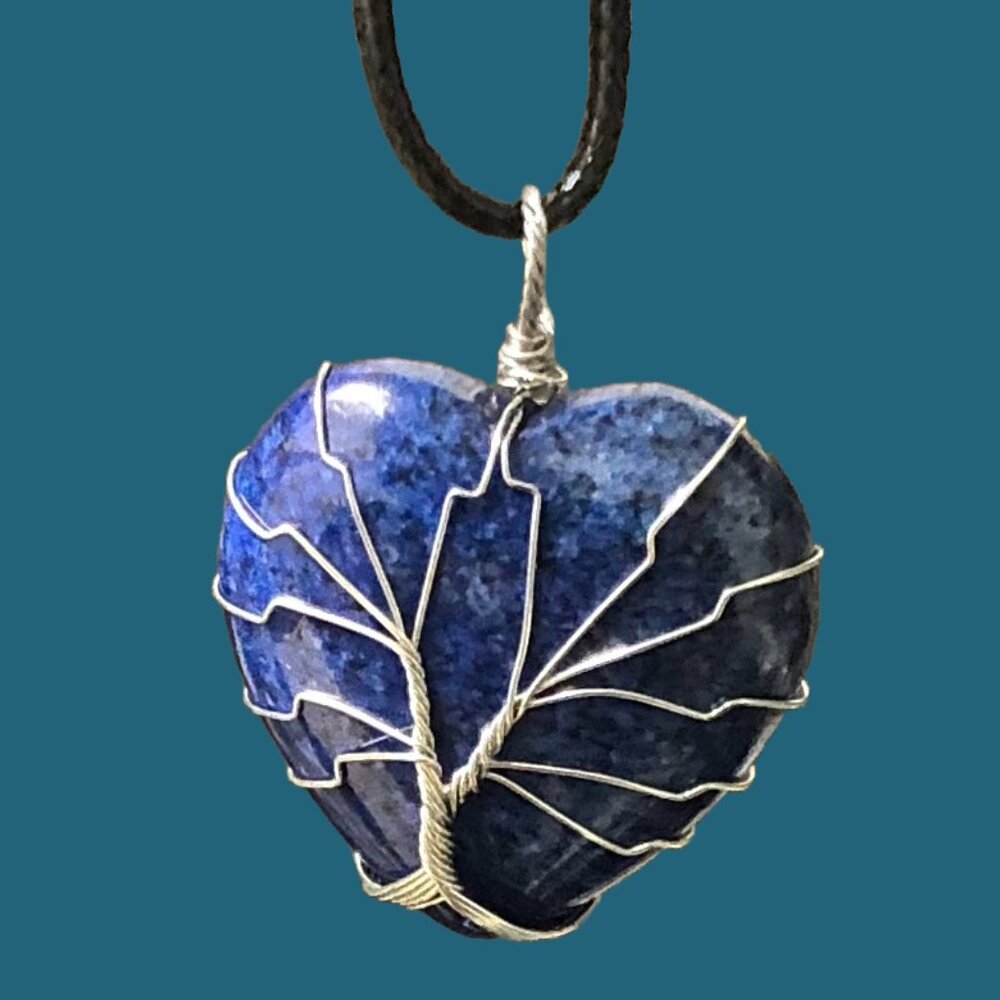 Lapis Lazuli Heart Shaped Natural Gemstone Tree Of Life Wire Wrap Pendant